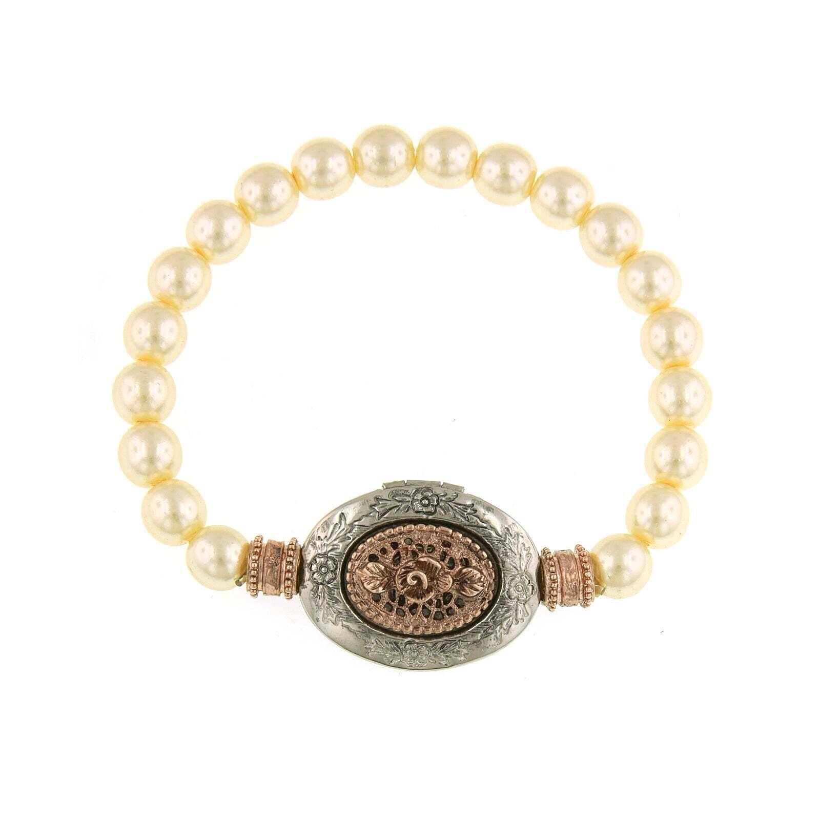Vintage 1928 Jewelry Filigree Floral Etched Faux Pearl Locket Stretch Bracelet - Elegant Gift for Women, Perfect for Weddings, Parties & Special Occasions