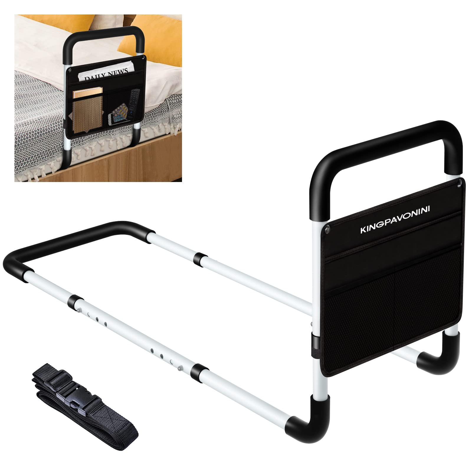 Elderly Bed Rails for Adults - Adjustable Bed Assist Rail with Storage Bag & Straps, Safety Support Bar for King, Queen, Full & Twin Beds - Ideal for Seniors' Mobility Assistance & Fall Prevention at Home