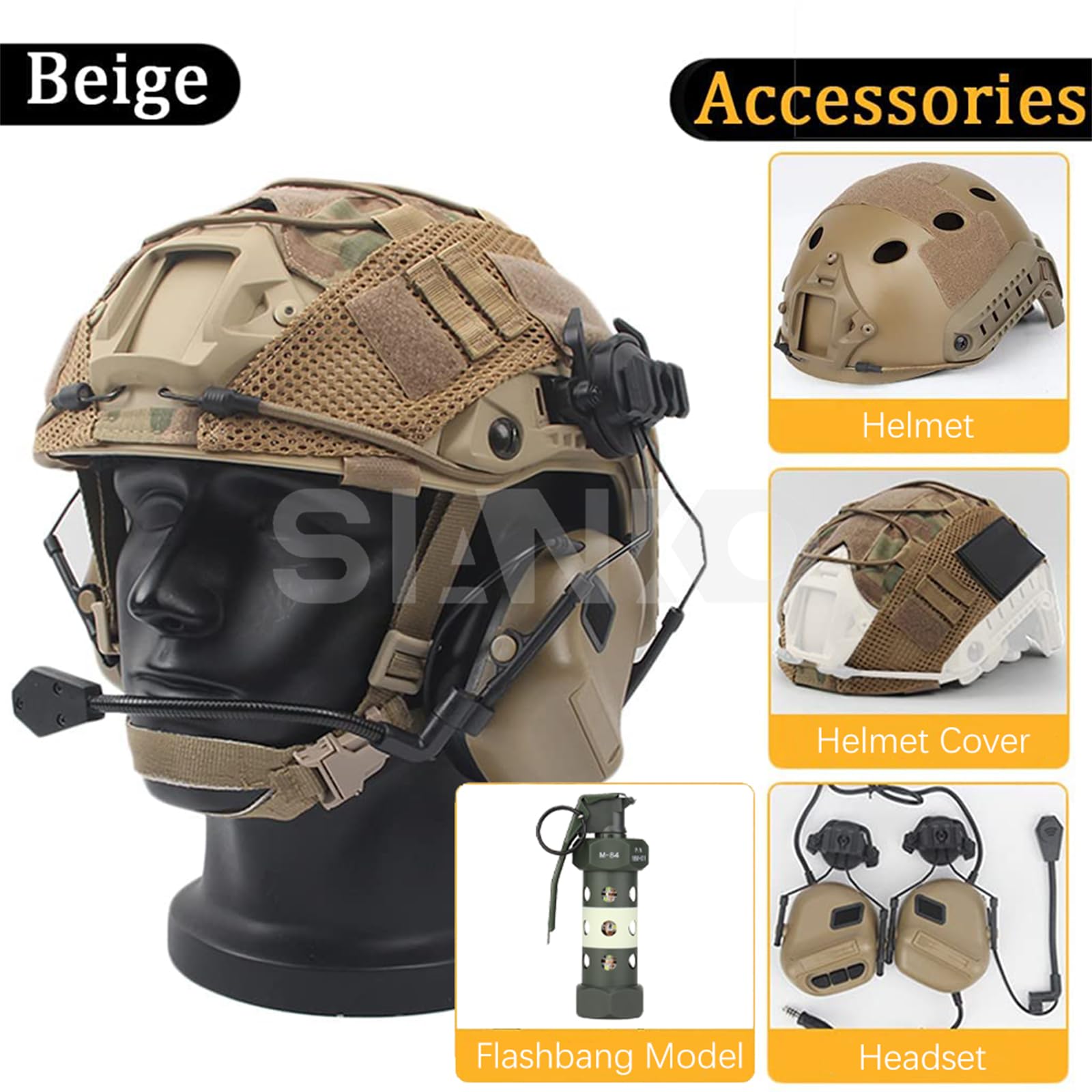 Tactical Paintball Airsoft Helmet Set with Headset, Helmet Cover, Dummy Flashbang & LED Light - Perfect for Hunting, CQB, CS & Military Simulation Games