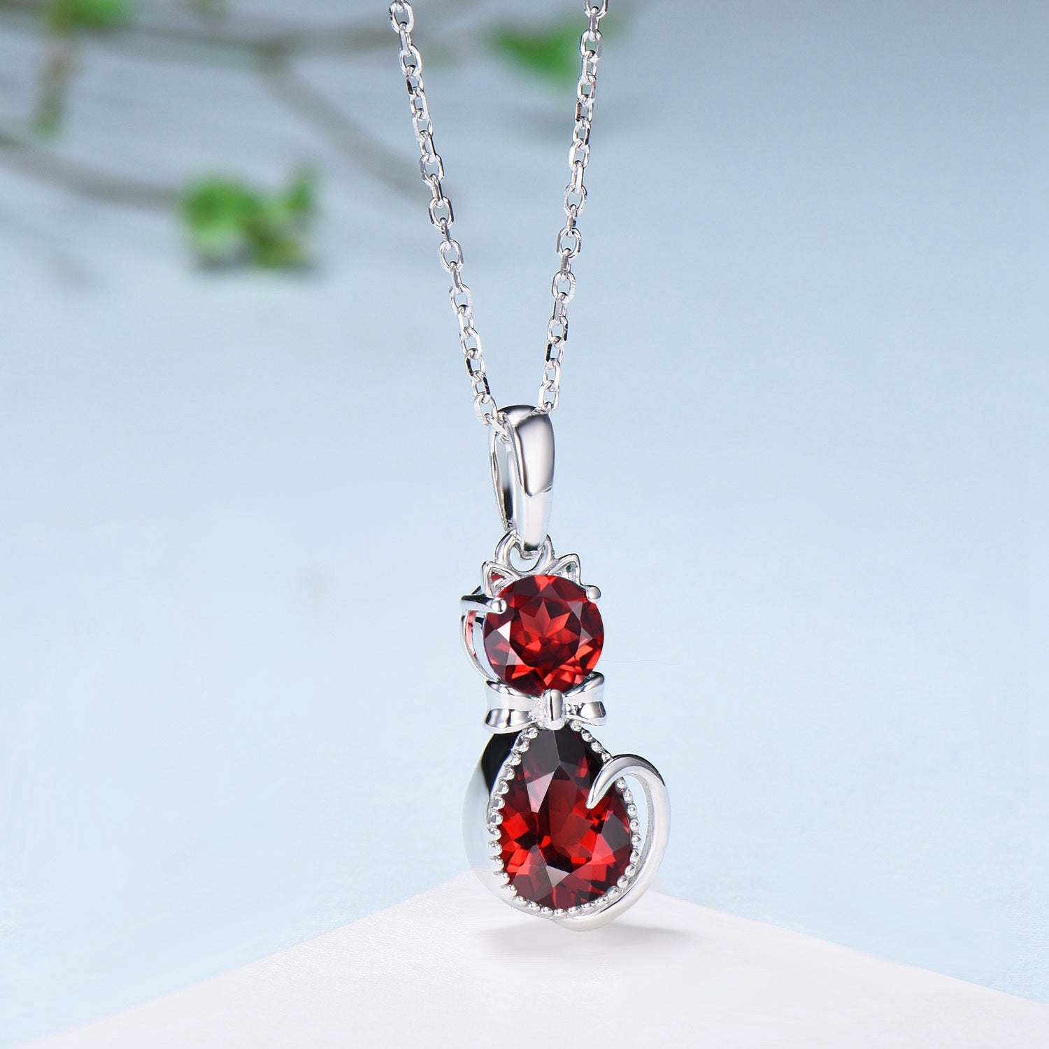 Art Deco Silver & White Gold Cat Garnet Pendant Necklace - January Birthstone Jewelry with Bow Charm, Unique Personalized Anniversary Gift for Women | Perfect for Birthday, Valentine's Day & Special Occasions