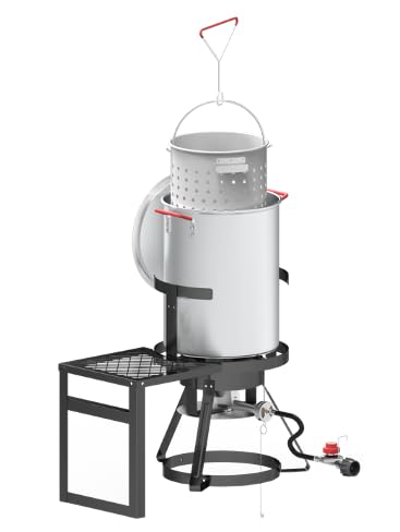 30Qt Turkey Fryer Kit with Basket - Outdoor Propane Deep Fryer with 50,000BTU Cast Iron Burner, Steamer & Seafood Boiler Set - Perfect for Thanksgiving, Backyard BBQs & Outdoor Cooking (Black)