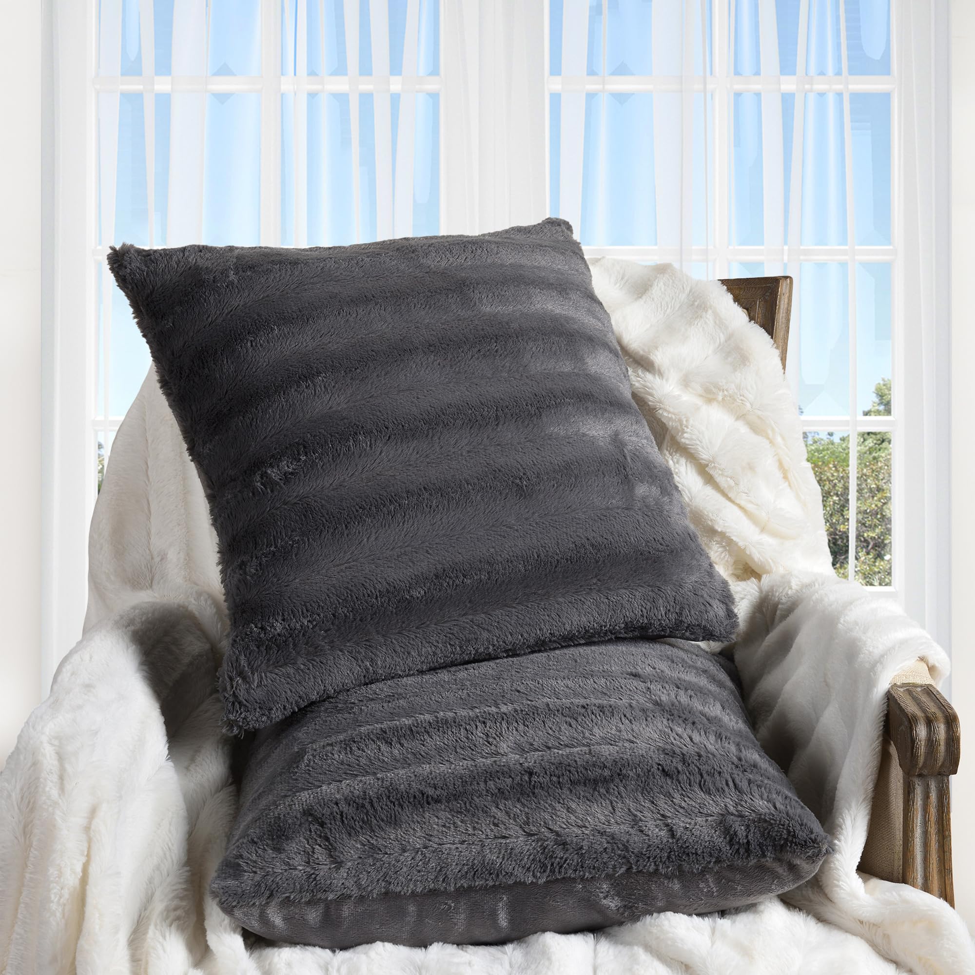 Luxury Faux Fur Throw Pillows Set of 2 - 22x22 Inch Soft Decorative Couch & Bed Pillows, Grey Accent Pillows for Living Room & Bedroom Aesthetic - Perfect for Cozy Home Decor, Sofa Styling & Gift Giving