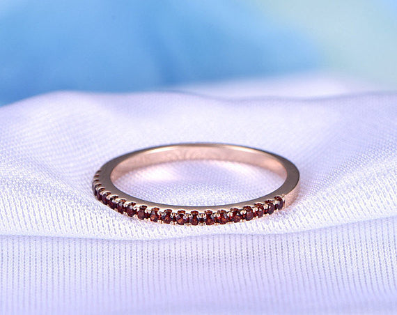 14k Rose Gold Garnet Wedding Band - Half Eternity Ring for Women, Stackable Anniversary Jewelry, Custom Gemstone Ring for Bridal, Engagement & Special Occasions