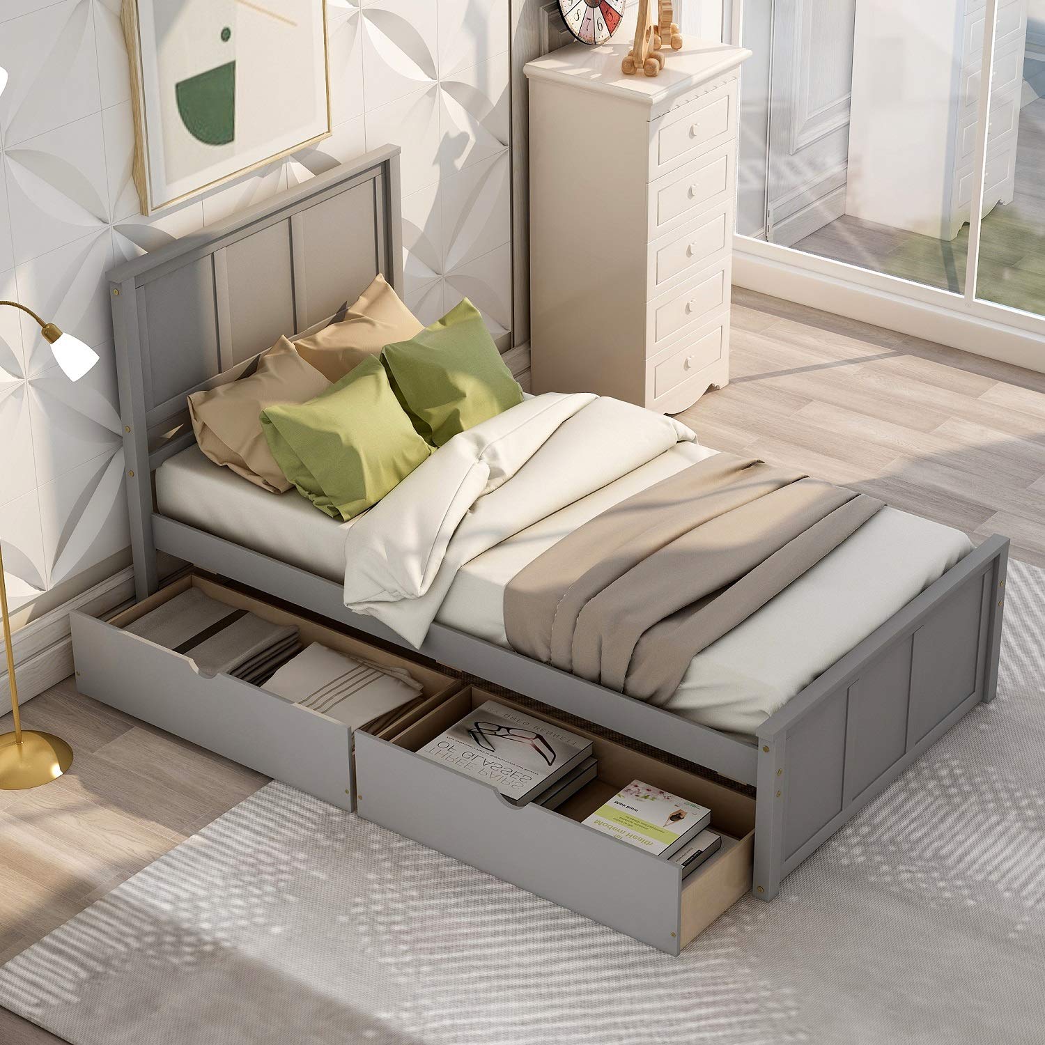 Danxee Twin Size Wooden Platform Bed Frame with 2 Storage Drawers, Wheels & Headboard - Grey Captain Storage Bed for Small Spaces | Perfect for Kids Rooms, Guest Bedrooms & Studio Apartments