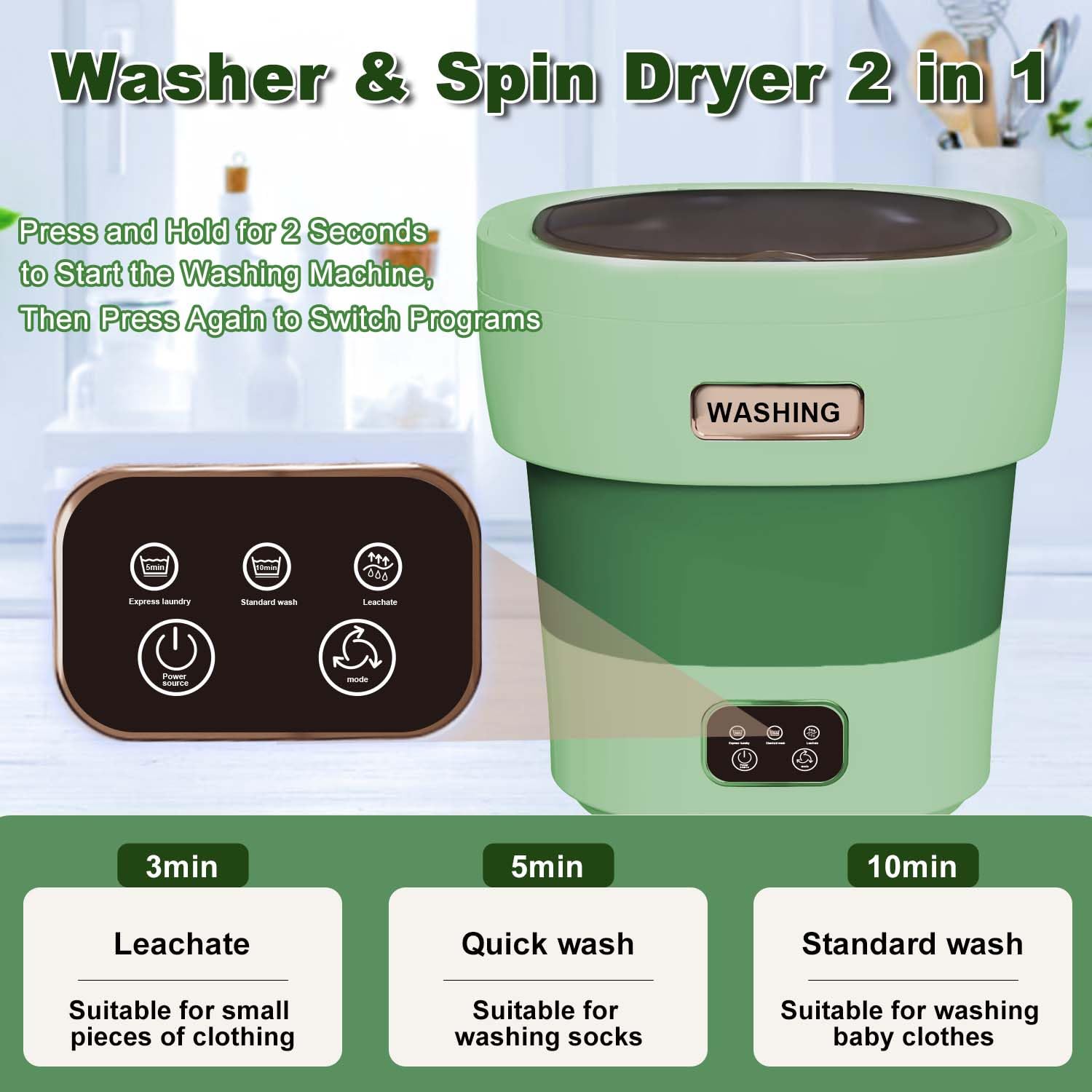 Mini Portable Washing Machine 18L 60W with Spin Dryer - Foldable Compact Washer for Travel, Camping, RV, Dorm & Small Apartments | Green Energy Saving Laundry Solution | Perfect for Outdoor Adventures, Tiny Homes & Off-Grid Living [2024 Clean S+]