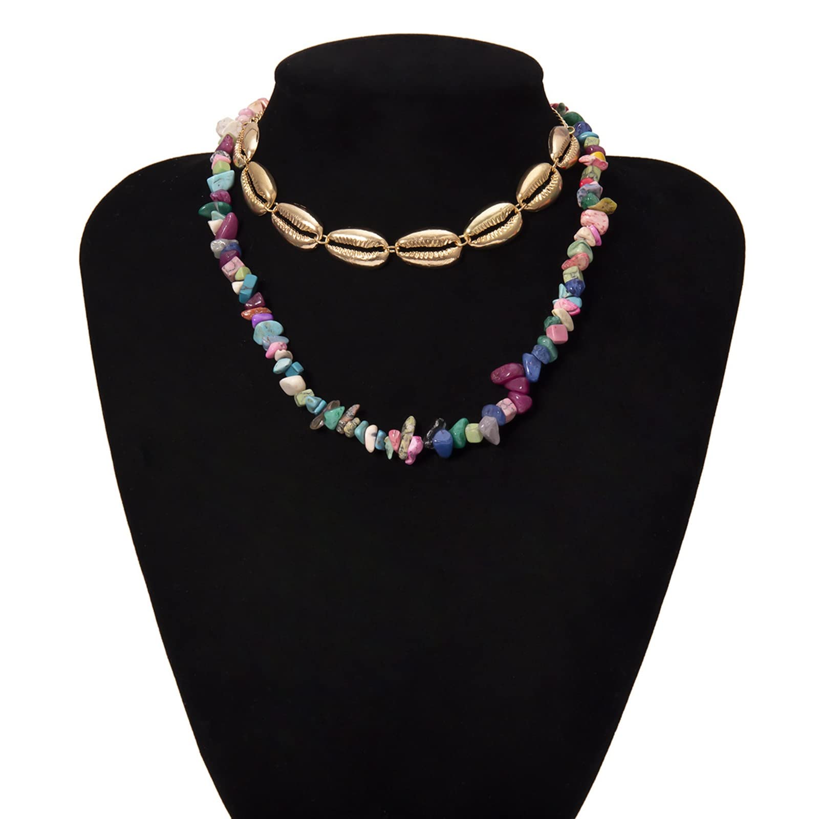 Dainty Layered Necklace for Women - 2PCS Gold Shell & Stone Pendant Chain Jewelry Set, 39CM | Perfect for Layering, Everyday Wear & Gift Giving