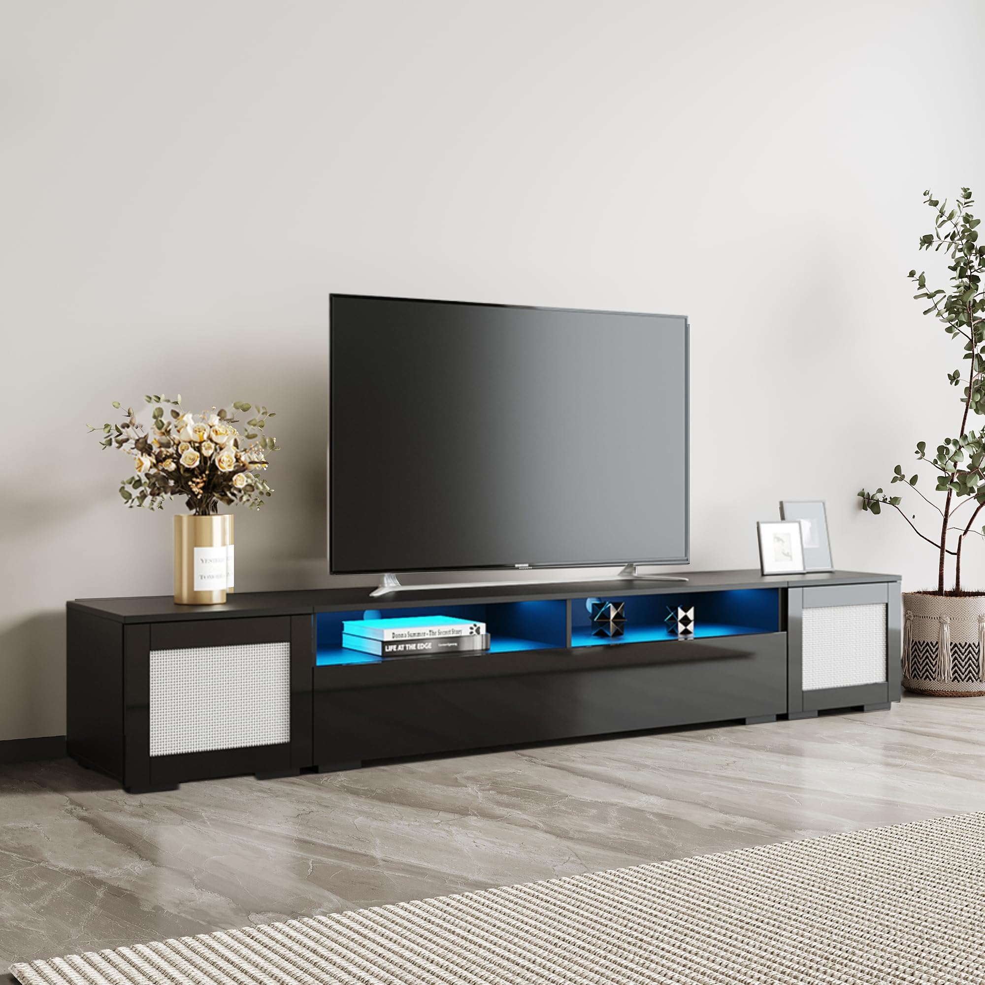 90 Inch TV Stand with LED Lights - Modern Entertainment Center for 85 80 75 70 Inch TVs, Black TV Console with Storage | Perfect for Living Room Home Theater Setup