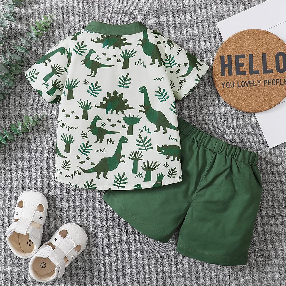 Stylish Green Dinosaurs Printed Toddler Boys Henley Shirt & Shorts 2-Piece Outfit - Soft Cotton Summer Clothes for Playdates, Daycare & Outdoor Adventures