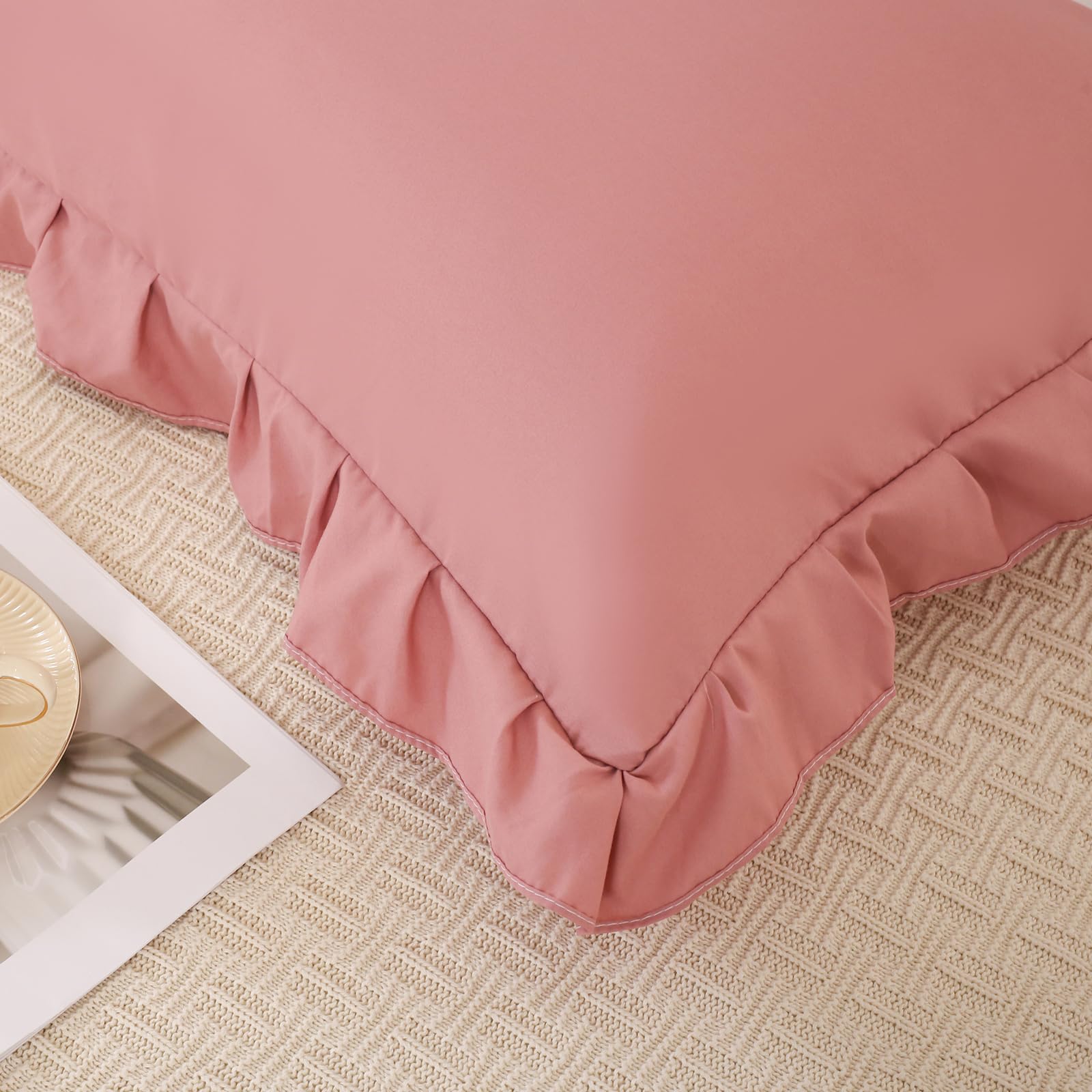 Pink Mocha Pillow Shams - Soft Ruffled Standard Pillowcase Set of 2 (Queen 20x30 Inches) - Shabby Chic Bedding, Solid Pink Pillow Covers for Cozy Bedroom Decor & Guest Room Styling