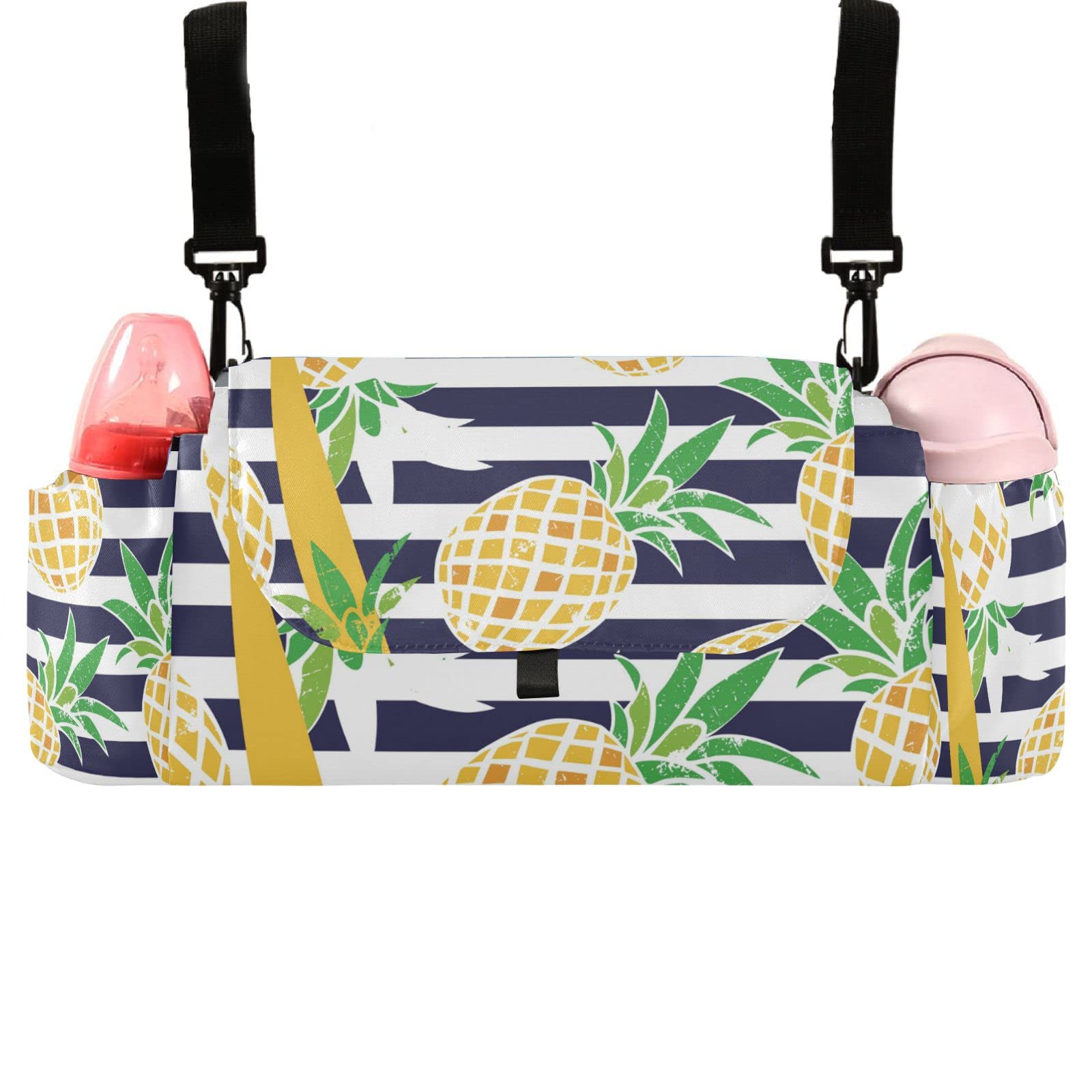 Emelivor Cartoon Pineapple Baby Stroller Organizer - Large Capacity Stroller Accessories with Adjustable Shoulder Strap & Cup Holders - Perfect for Diapers, Phone, Keys, Toys - Ideal for Park Outings, Shopping Trips & Family Walks