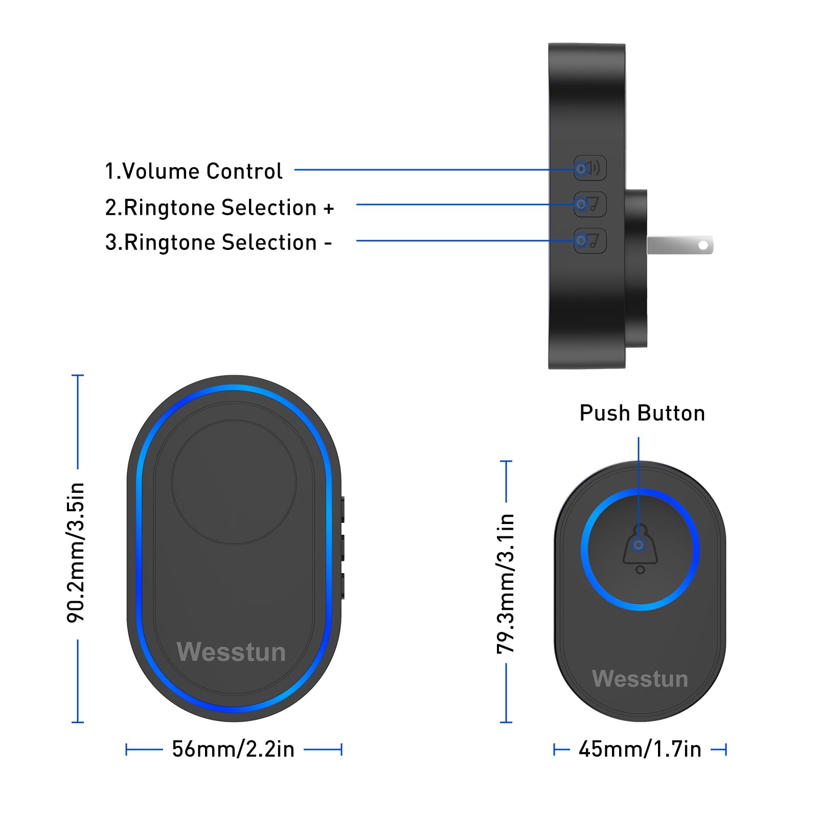 Wireless Doorbell with 39 Chimes - IP67 Waterproof, 5-Level Volume Adjustable & LED Indicator - Easy Installation for Home, Classroom, Warehouse (Black) | Perfect for Front Door, Office, and Large Spaces