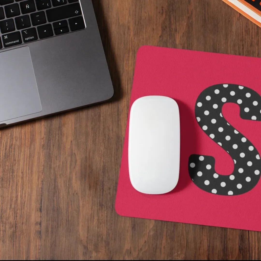 Personalized Pink Polka Dot Mousepad with Initial Letters - Non-Slip Rubber Desk Accessory for Home Office, Gaming, Work, Computer, Desktop & Laptop Use