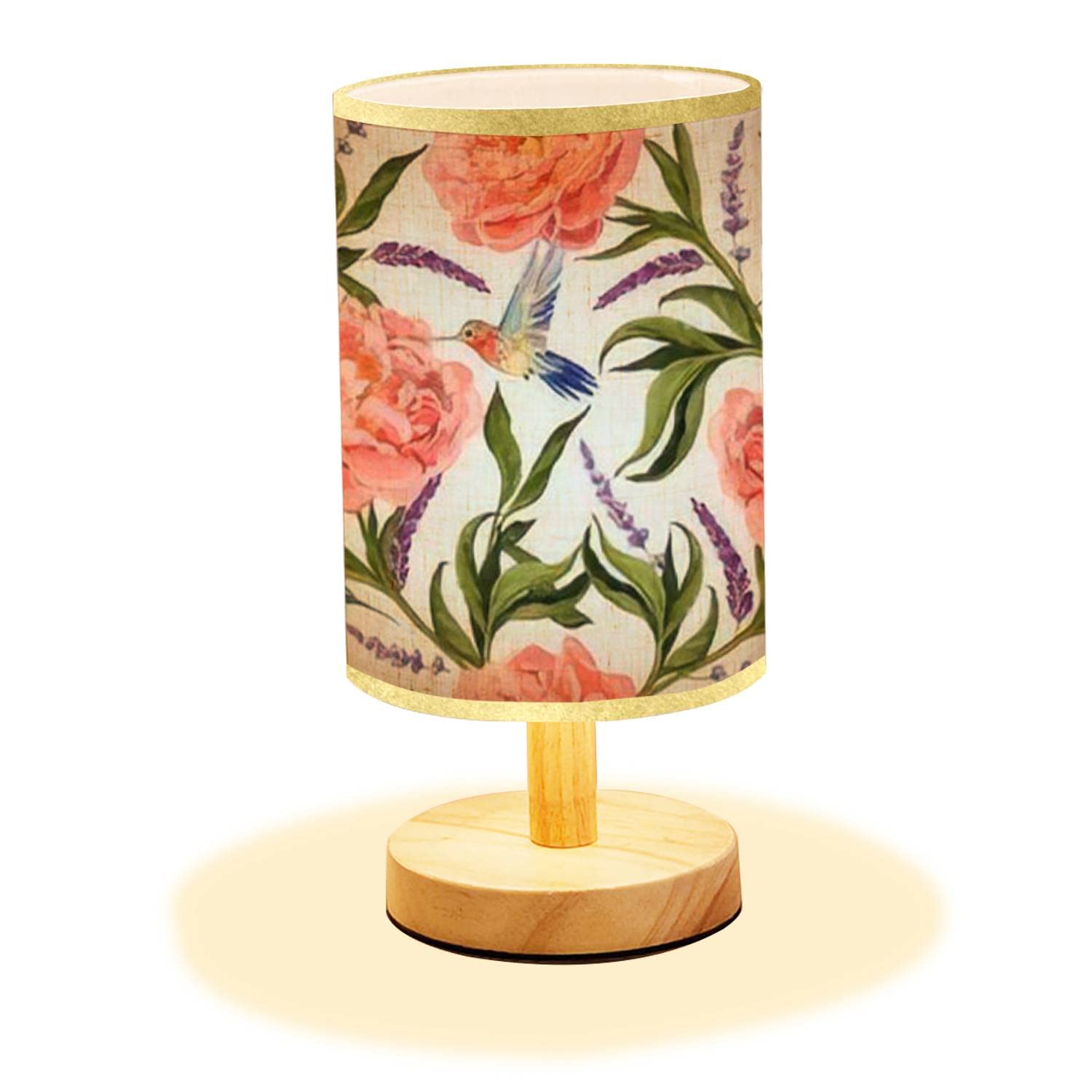 Minimalist Wooden Nightstand Lamp with Hand-Painted Peony Floral Design - Flaxen Fabric Shade for Bedroom, Living Room & Office - Perfect for Reading, Relaxing & Home Decor