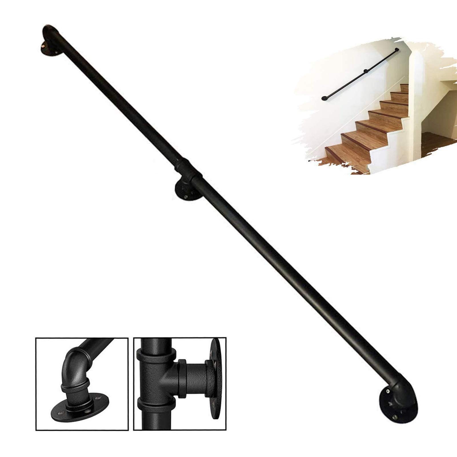 FPigSHS Adjustable Stair Handrail 1ft-20ft - Heavy Duty Wrought Iron Pipe Railing with Brackets, Matte Black Powder Coated - Perfect for Indoor/Outdoor Stairs, Door Handles, Guardrails & Safety Grab Bars (Home, Office, Commercial Use)