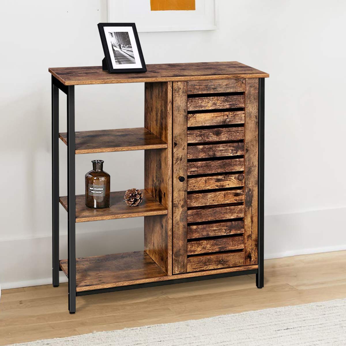 Industrial Rustic Brown Storage Cabinet - 3 Open Shelves & Closed Compartments, Freestanding Cupboard for Bathroom, Living Room, Hallway & Bedroom Organization | Perfect for Home, Office & Dorm Storage Solutions
