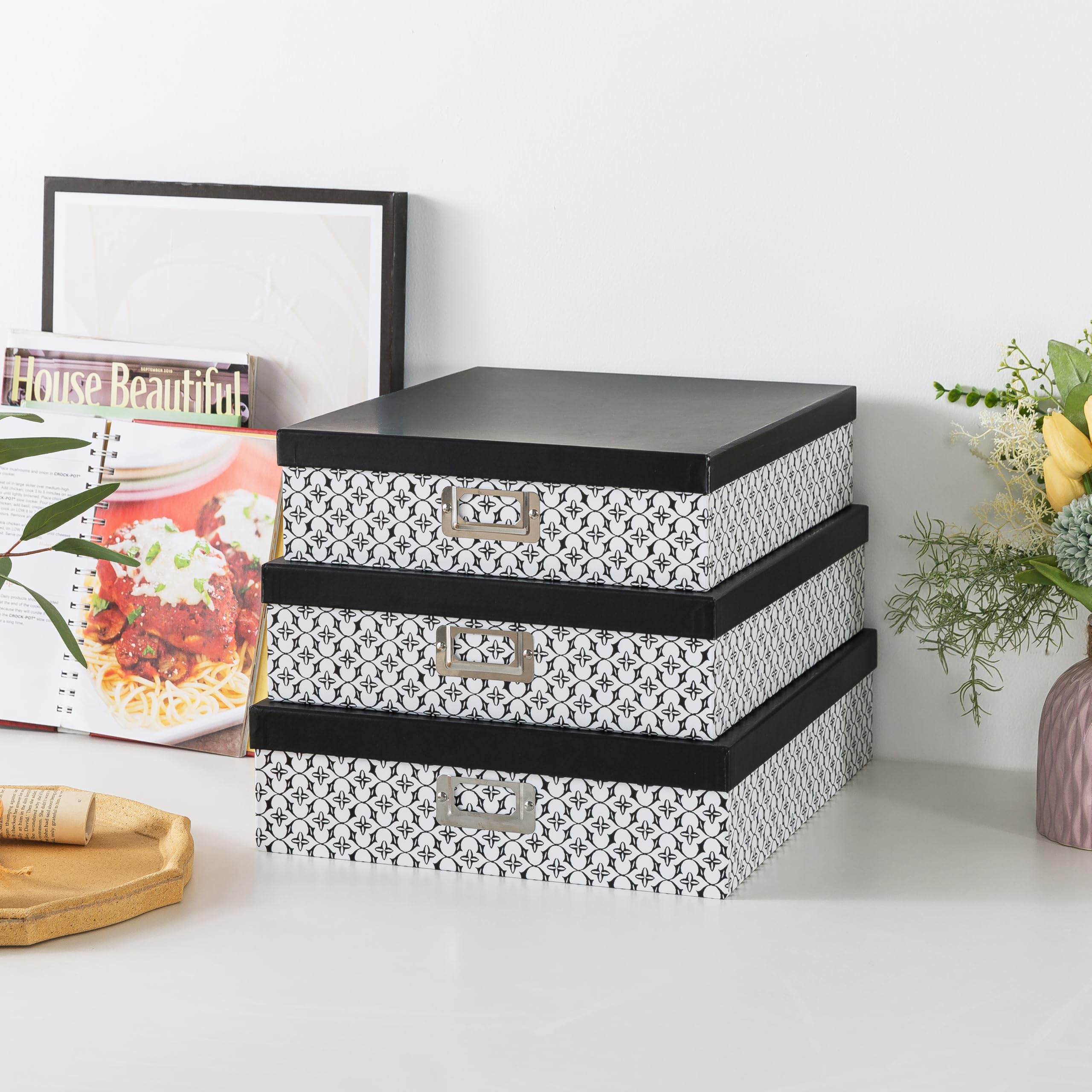 Soul & Lane Black and White Decorative Storage Boxes with Lids - Set of 3 Jumbo Organizer Boxes for Scrapbooking, Documents, Keepsakes & Memories - Modern Trellis Design for Home Office & Craft Room Organization