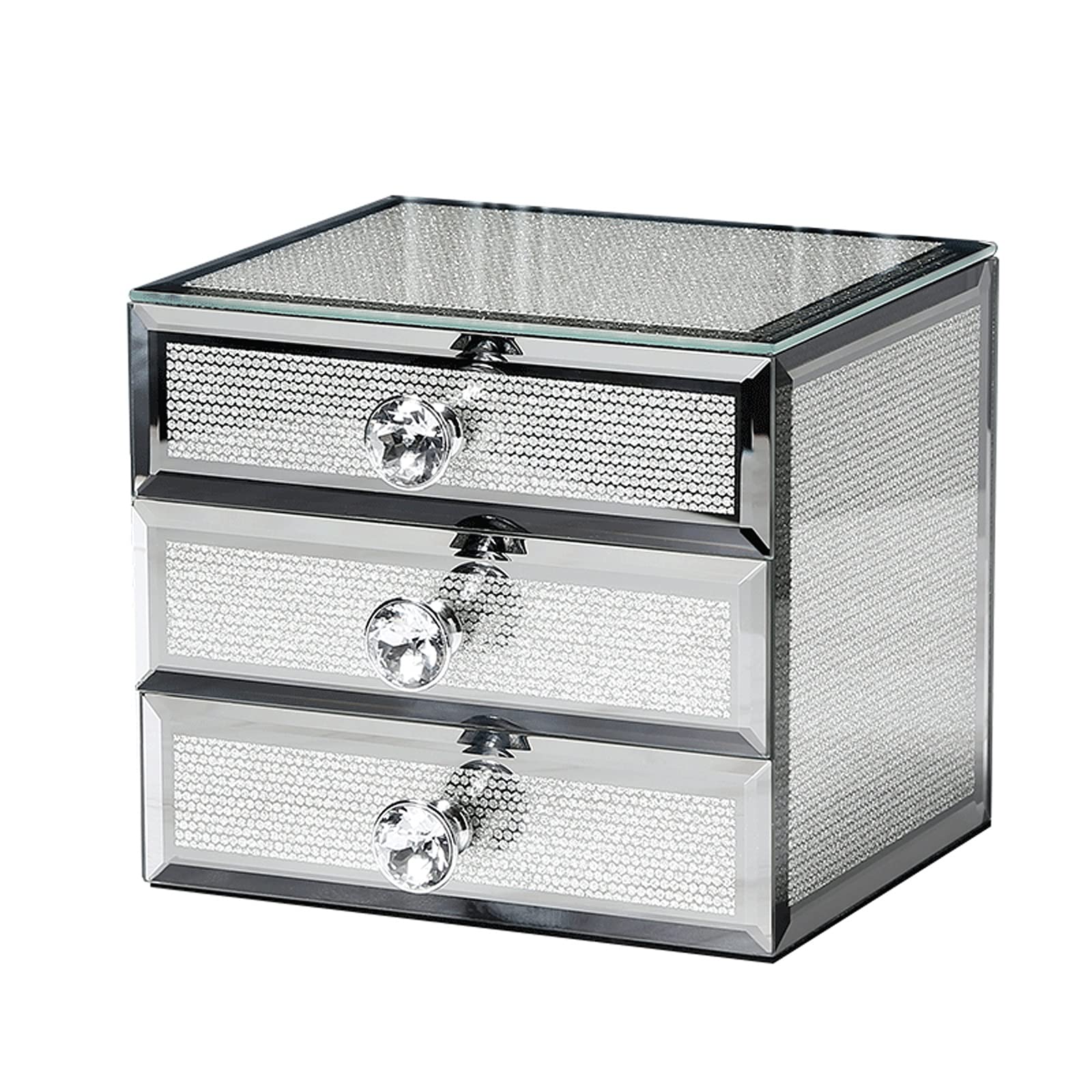 Elegant Glass Jewelry Organizer Stand with 3 Drawers & Diamond Handle - Premium Display Case for Rings, Necklaces, Cufflinks & Accessories | Perfect for Bedroom Vanity, Wedding Gift & Jewelry Store Display