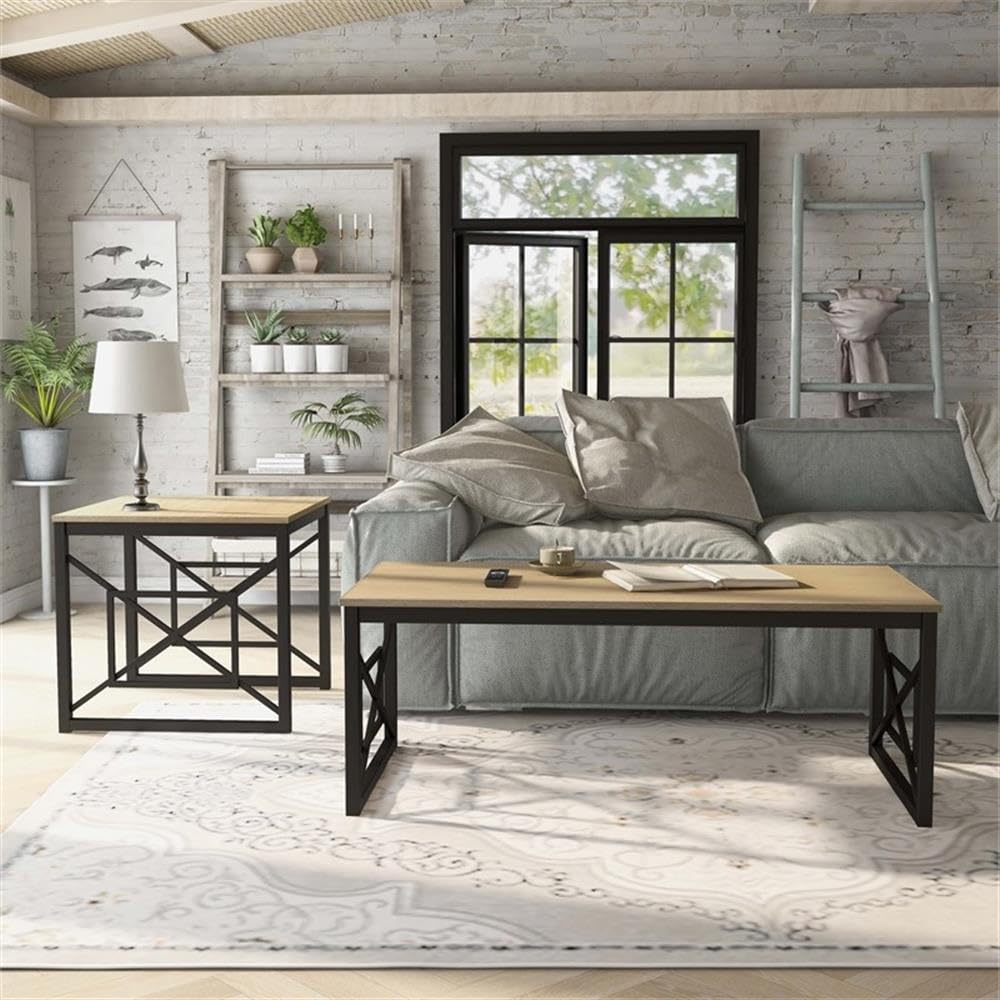Furniture of America Olive Metal 2-Piece Coffee Table Set - Oak & Black Finish - Modern Living Room Furniture for Small Spaces & Apartments