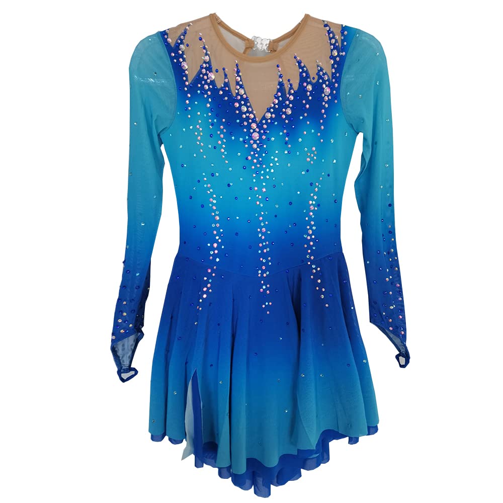 LIUHUO Figure Skating Dress - Gradient Blue Long Sleeve Mesh Competition Skirt for Girls | Ice Skating Performance & Practice Outfit