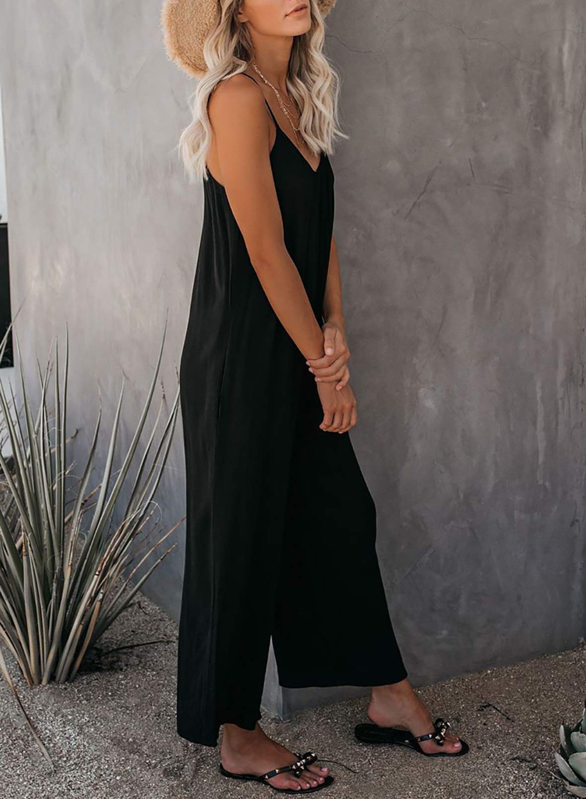Stylish Dokotoo Women's Loose Sleeveless Jumpsuit with Adjustable Spaghetti Straps & Pockets - Stretchy Long Pant Romper for Casual Wear, Summer Outfits, Beach Vacations & Everyday Comfort