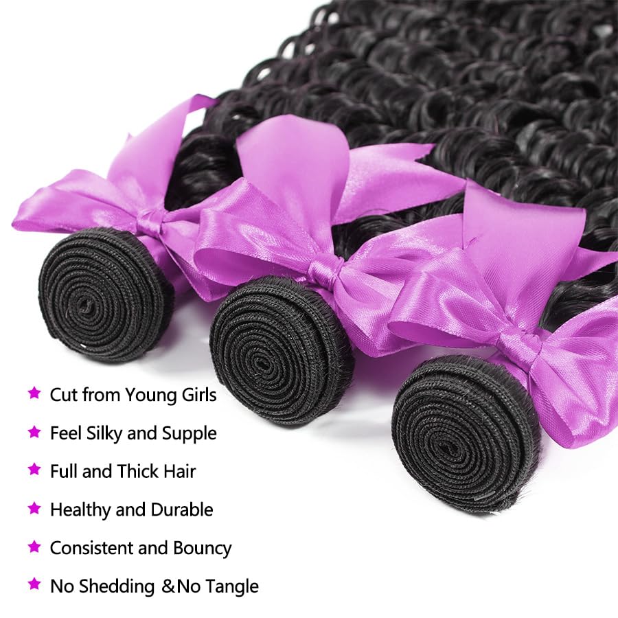 12A Deep Wave Brazilian Virgin Human Hair Bundles 22 24 26 Inch - 100% Unprocessed Raw Remy Hair - 3 Bundles Double Weft for Full & Thick Look - Perfect for Weaving, Styling & Special Occasions