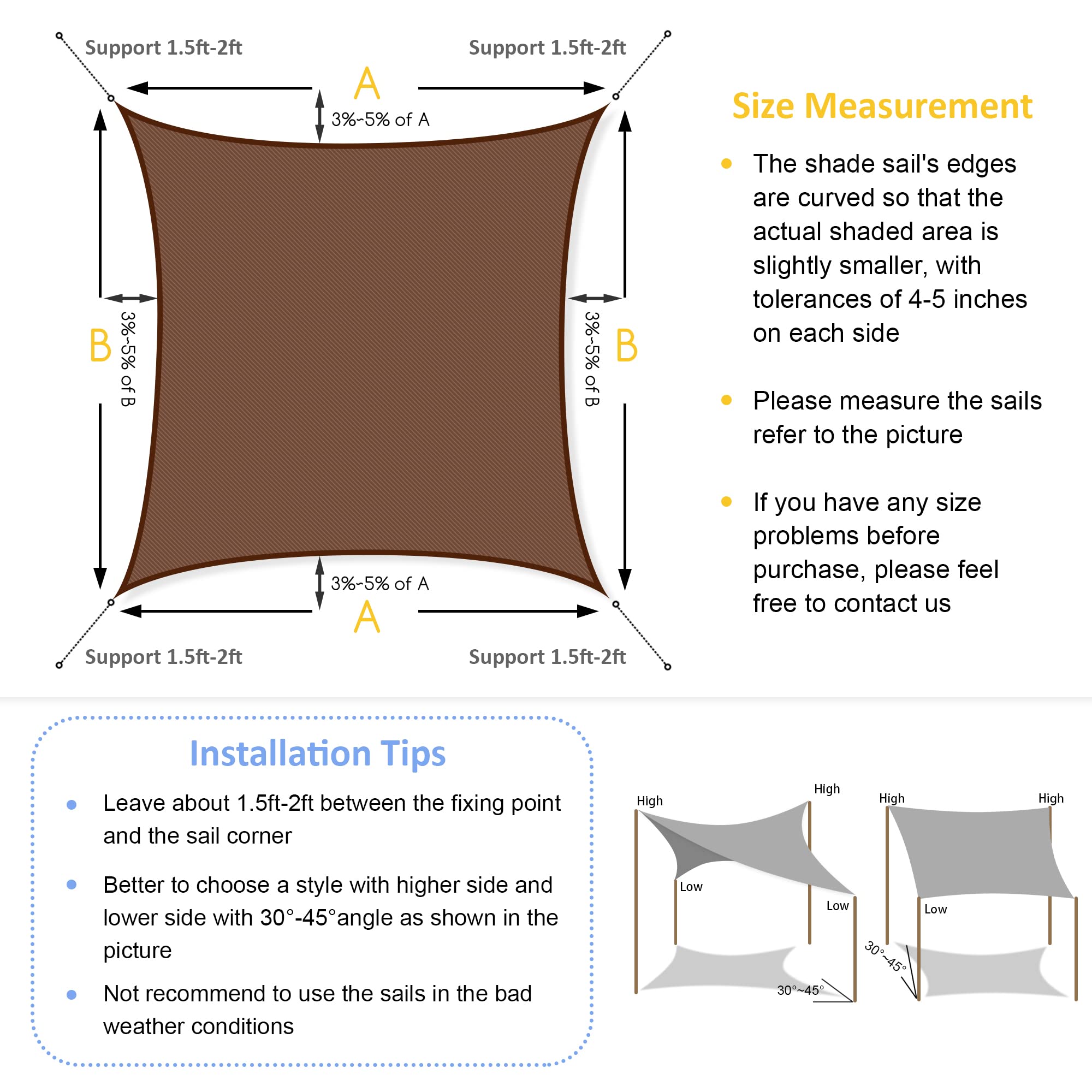 20x20 Brown Sun Shade Sail - Patio & Garden Canopy for Outdoor Backyard