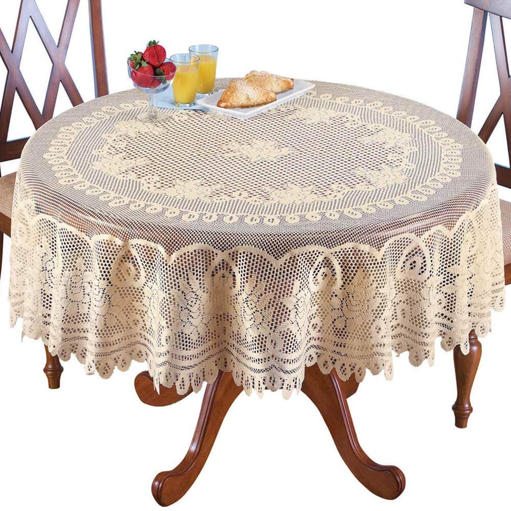 WUBODTI 70 Inch Beige Lace Round Tablecloth - Vintage Floral Dining Table Cover with Scalloped Edge for Wedding, Christmas Party, Baby Shower & Banquet - Fits 4-6 People - Perfect for Elegant Dining Room Decor & Kitchen Table Settings