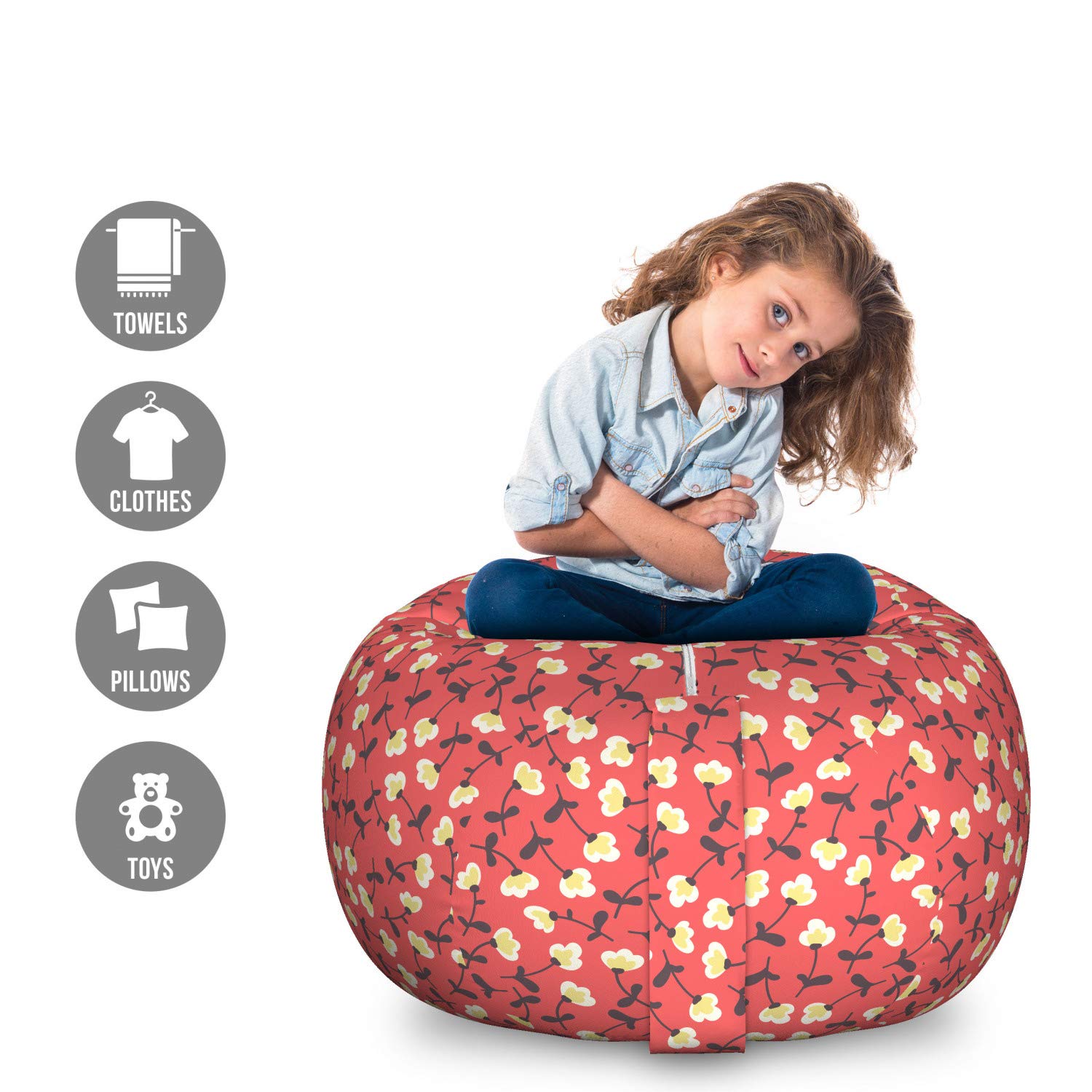 Ambesonne Floral Storage Toy Bag Chair - Large Washable Stuffed Animal Organizer with Doodle Style Spring Romance Pattern in Coral Cream | Perfect for Kids' Room, Nursery, and Playroom Organization