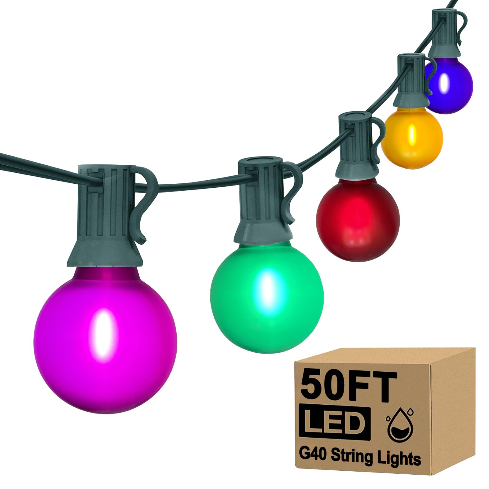 50Ft Outdoor Frosted Multicolor Christmas Lights - G40 Globe Patio String Lights with 25 Ceramic Bulbs (Includes 2 Spare) | Vintage Holiday Decor for Backyard, Garden, Party & Christmas Tree Decoration