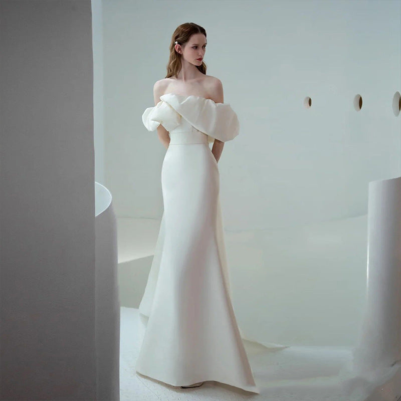 Elegant White Satin Mermaid Off-Shoulder Wedding Dress - Long Prom Gown for Brides & Formal Events | Perfect for Beach Weddings, Evening Galas & Special Occasions