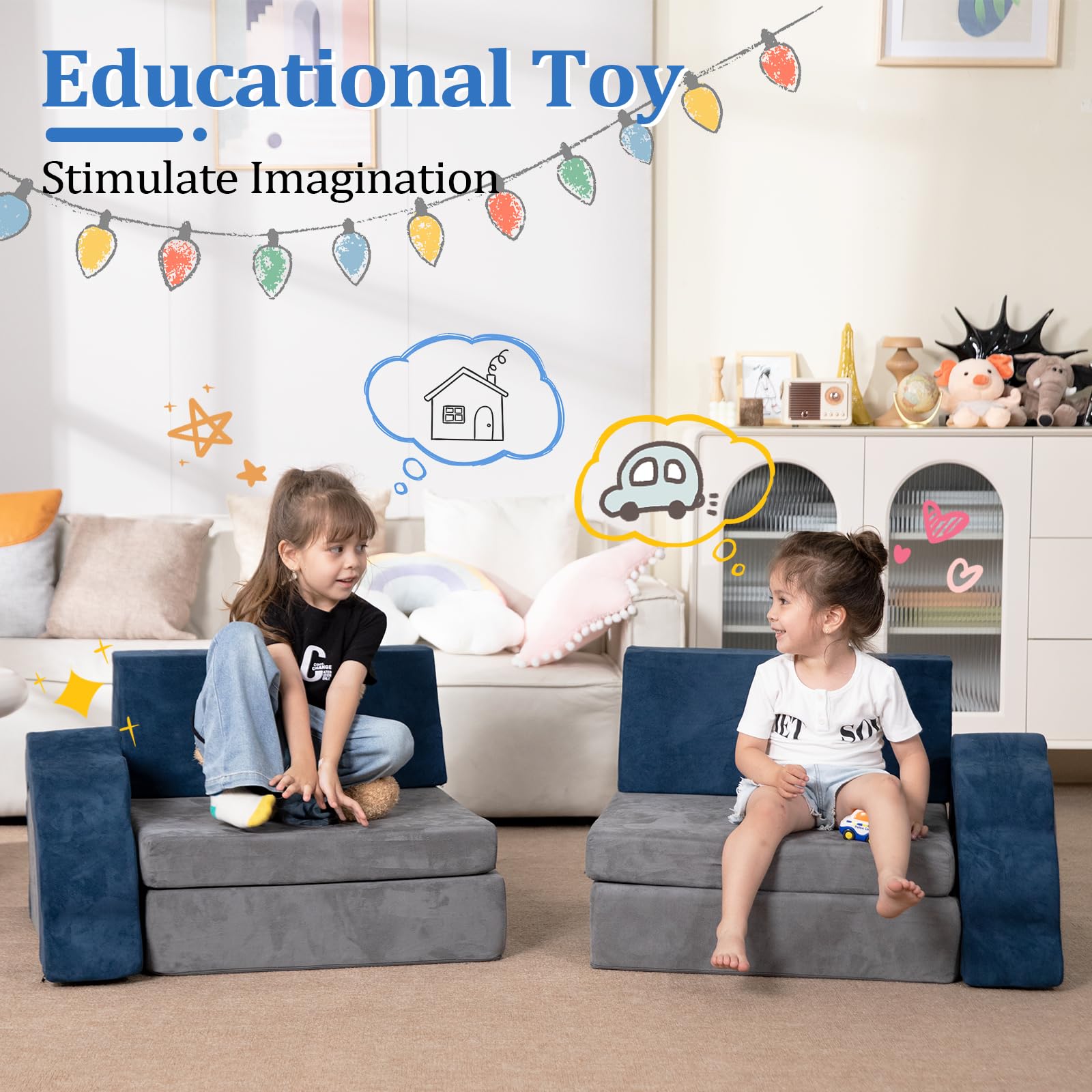 10PCS Kids Modular Foam Sofa Set - Convertible Toddler Play Couch for Boys & Girls, Grey & Blue (YME0008) | Indoor Playroom Furniture for Creative Play & Imaginative Fun
