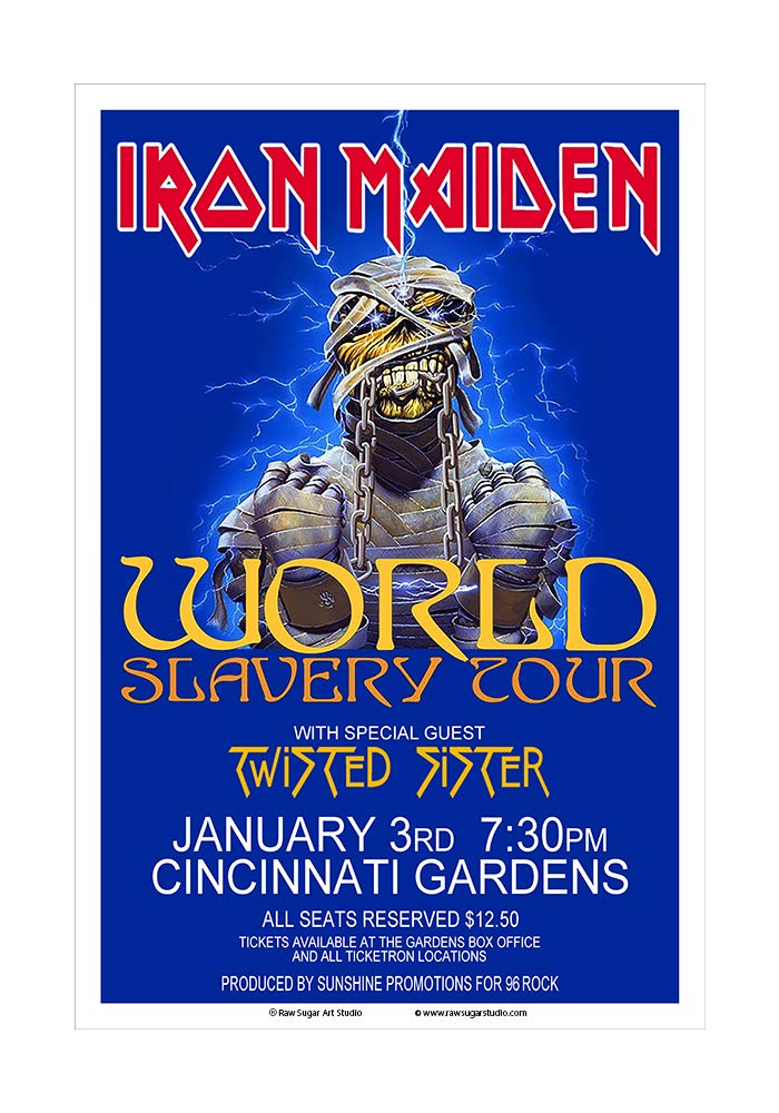 Vintage Iron Maiden 1985 Cincinnati Concert Poster - Rare Rock Music Memorabilia & Wall Decor for Music Fans, Man Cave, Bar, Office - Raw Sugar Art Studio