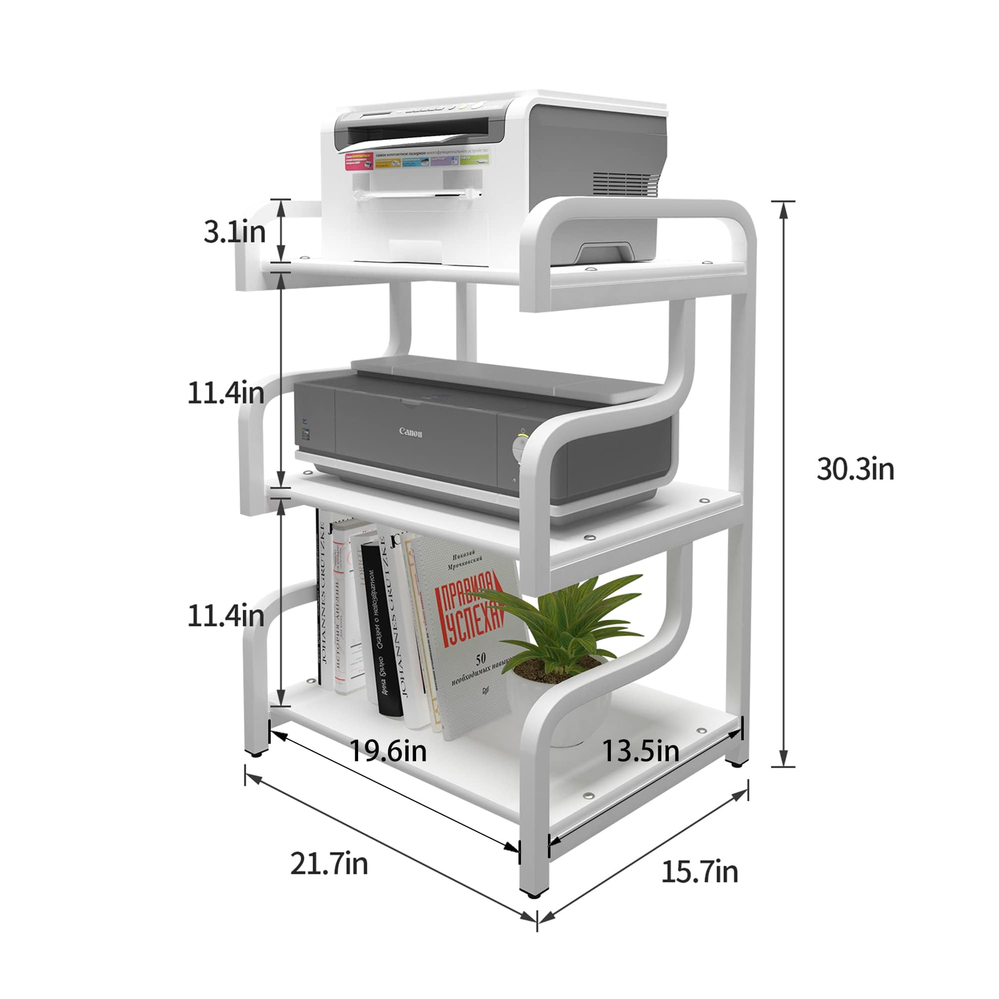 3-Tier Rolling Printer Stand with Wheels - Mobile Storage Cart for Home Office, Living Room & Kitchen - Organize Printer, Scanner, Books, Microwave & More - White Multi-Purpose Shelf Rack