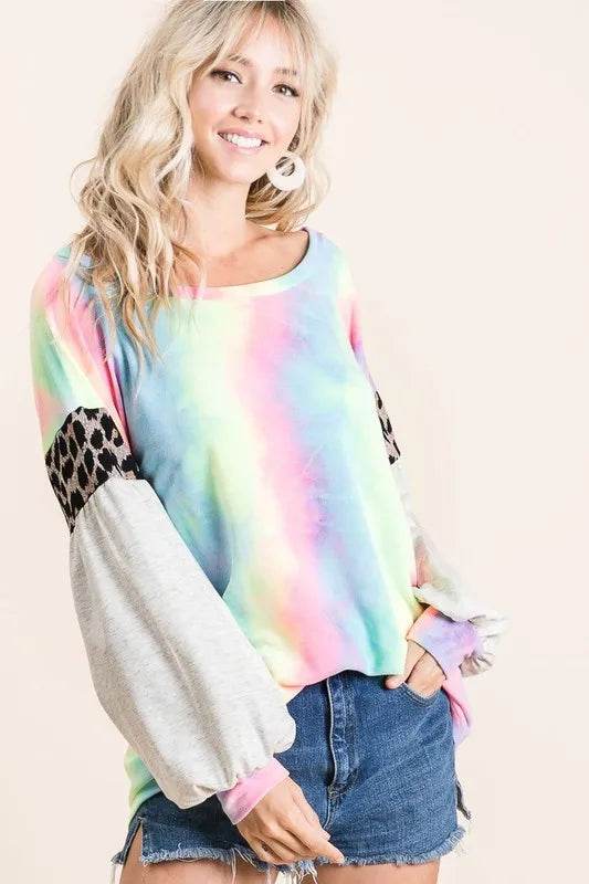 Bibi Tie Dye Terry Top with Contrast Puff Sleeves in Pastel Colors | Women's Fashion Tunic | Casual Wear & Summer Outfits