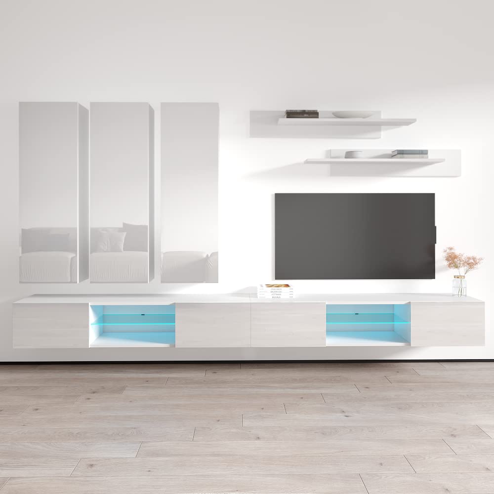 Modern White Wall-Mounted TV Stand with Storage Shelves & LED Lights - E1 33