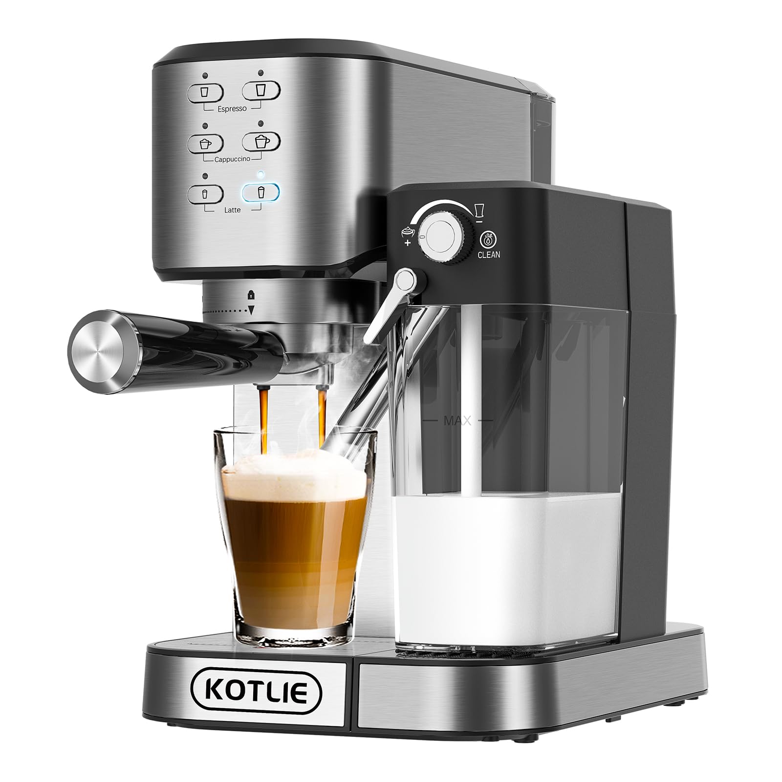 KOTLIE Automatic Espresso Coffee Machine with Milk Frother - 20Bar Pressure, Dual Heat System (1350W & 900W), ESE Pod Compatible for Espresso/Cappuccino/Latte - Perfect for Home, Office & Coffee Shops (120V, Metal)