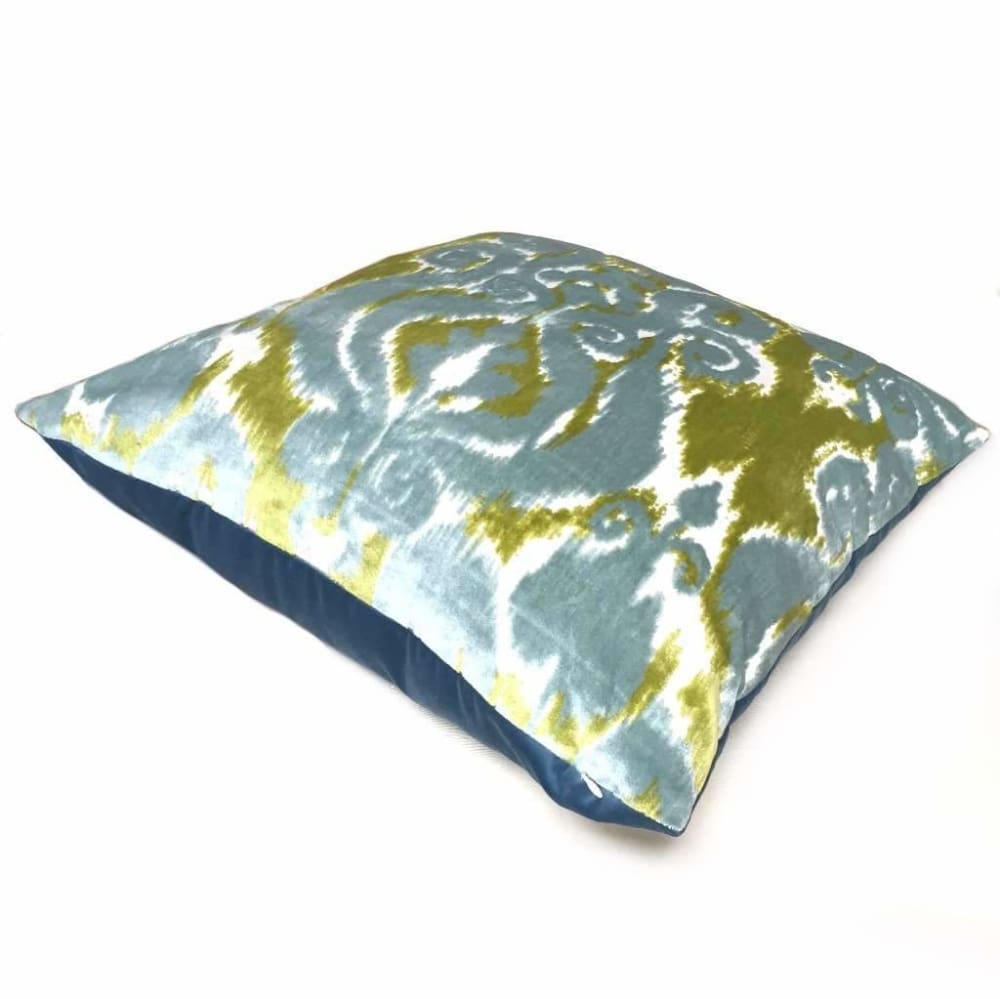 Robert Allen Velvet Bliss Ikat Damask Green Blue Cut Velvet Pillow Cover - Luxury Decorative Throw Pillow Case for Sofa, Bed & Home Decor