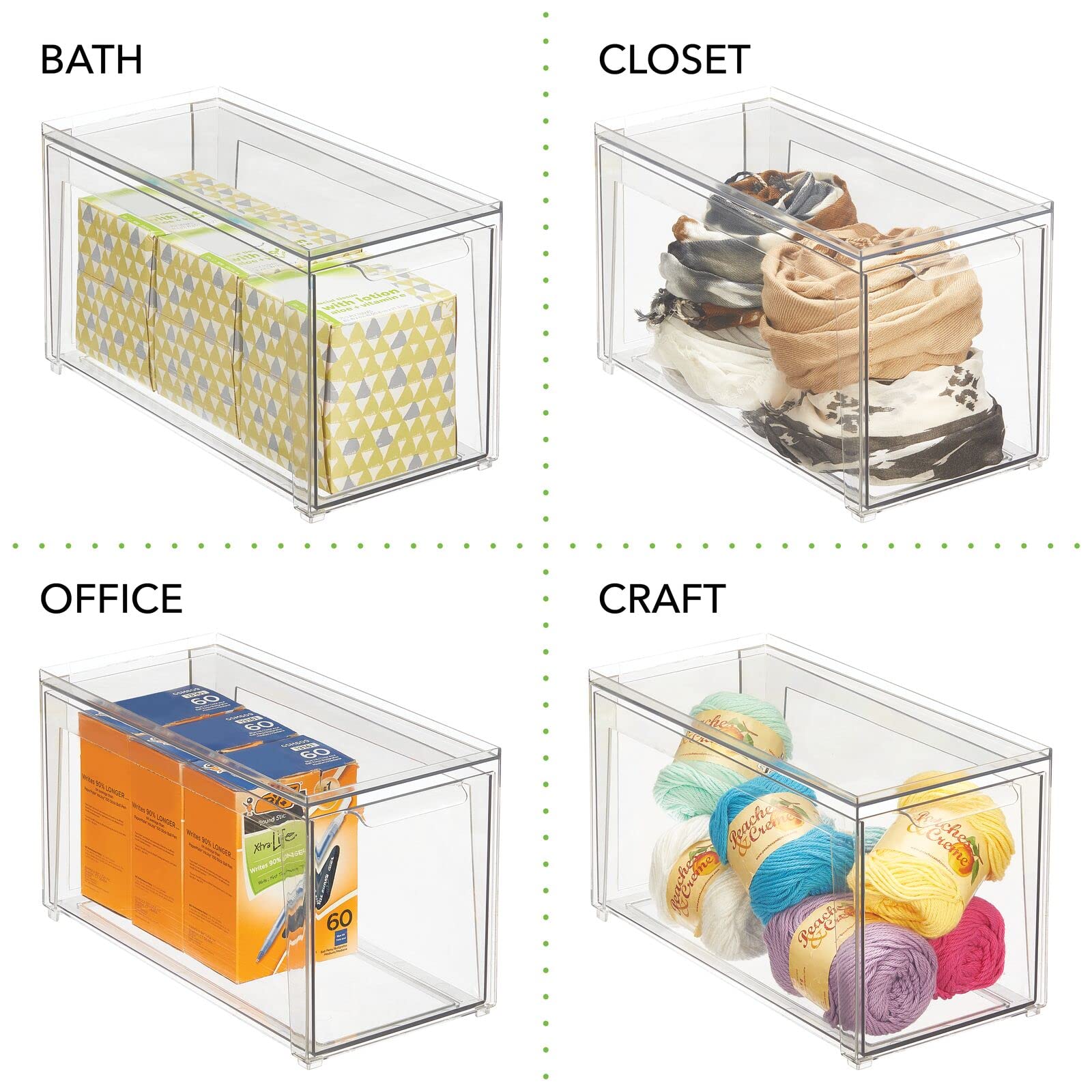 mDesign Clear Plastic Stackable Bathroom Storage Organizer Bins with Front Pull Drawer - 4-Pack for Countertop, Vanity & Closet Organization - Perfect for Makeup, Toiletries & Accessories in Bathroom, Bedroom or Dorm