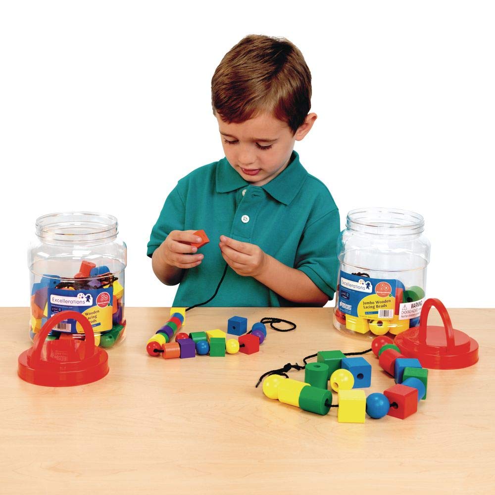 Excelleration Set of 2 Jumbo & Regular Lacing Beads with String - Fine Motor Skills Educational Toy for Preschool Kids | Perfect for Classroom Activities & Early Childhood Development