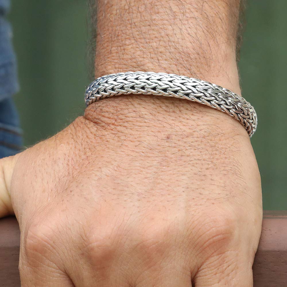 925 Sterling Silver Men's Heavy Bracelet - SILVER LIGHTNING - Adjustable Sizes 7.5