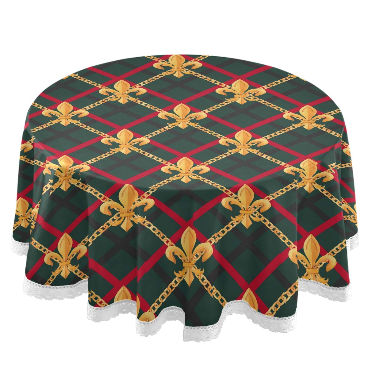 60 Inch Round Buffalo Plaid Striped Polyester Tablecloth with White Lace Trim - Fleur De Lis Party Table Decor for Dining Room, Wedding & Holiday Gatherings
