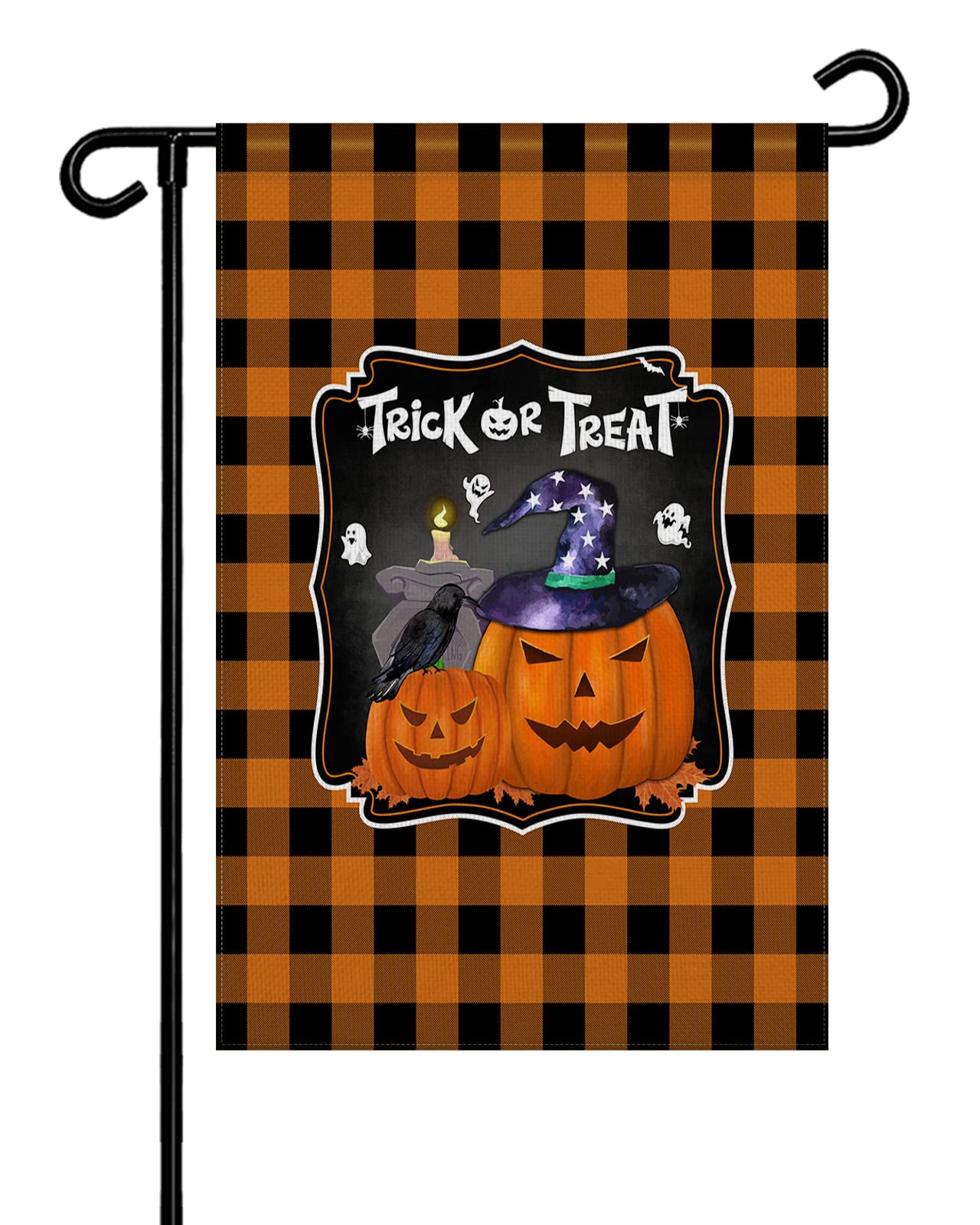 Double Sided Halloween Garden Flags - Rustic Trick or Treat Pumpkin Orange Black Plaid Burlap Welcome Banner | Seasonal Vertical Yard Decor for Patio, Lawn & Outdoor Fall Celebrations (12
