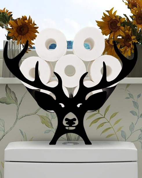 Black Antler Animal Toilet Paper Holder Stand - Free Standing Metal Bathroom Organizer for 8 Rolls - Farmhouse Style Paper Roll Storage Rack - Perfect for Rustic Bathrooms, Cabins & Hunting Lodges