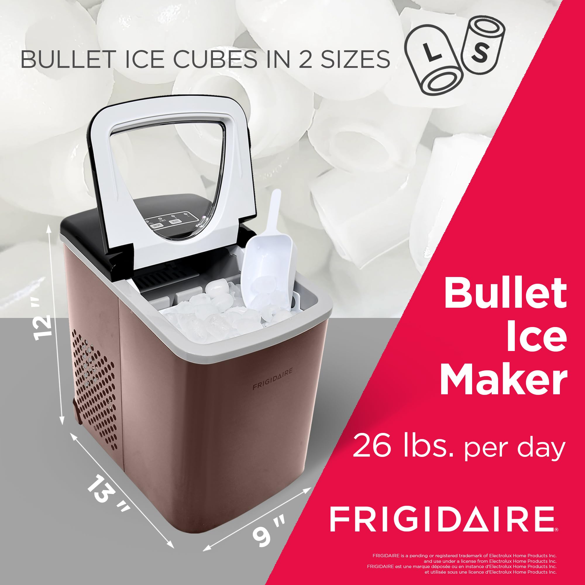 Frigidaire EFIC117-SSCOPPER-COM Stainless Steel Ice Maker Machine - 26lb Daily Capacity, Copper Finish for Home, Office, or Commercial Use - Perfect for Parties, Restaurants, and Bars