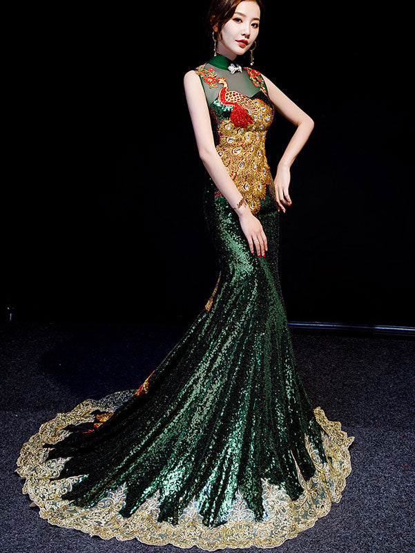 Elegant Green Sequined Phoenix Qipao Dress with Mermaid Train - Vintage Chinese Cheongsam for Weddings, Parties & Special Occasions