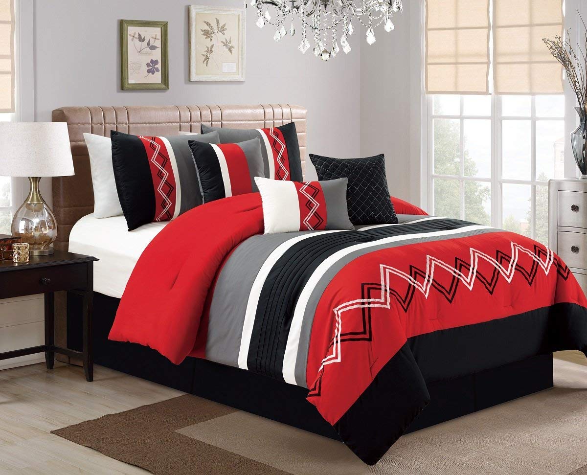 Chezmoi Collection Arden 7-Piece Modern Pleated Stripe Embroidered Zigzag Comforter Set - California King Size, Red/Black/Gray/Off-White - Luxury Bedding for Master Bedroom, Guest Room & Dorm Decor