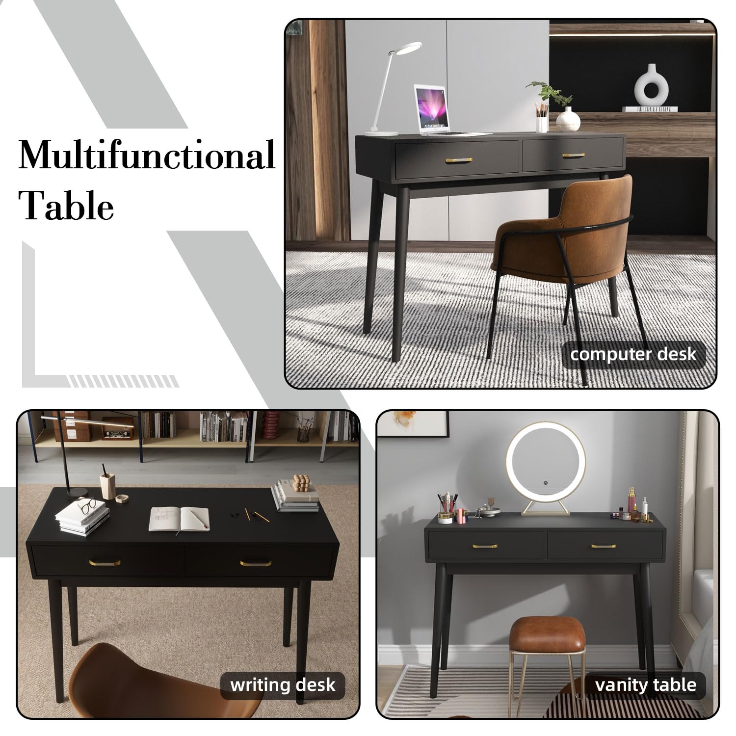 Modern Small White Desk with 2 Drawers - Compact Writing Desk for Small Spaces, Home Office & Study Desk, Laptop Computer Workstation, Bedroom Makeup Vanity Table (Black) | Perfect for Apartments, Dorms & Cozy Workspaces