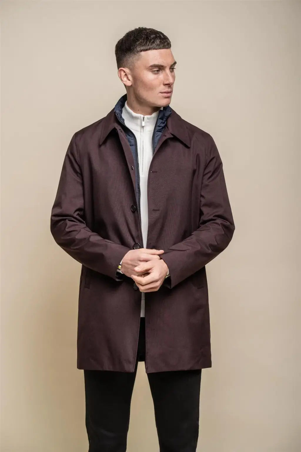 Cavani Men's Brando Wine Mac Coat - Stylish Wool Blend Overcoat for Fall & Winter | Perfect for Business, Office & Formal Occasions