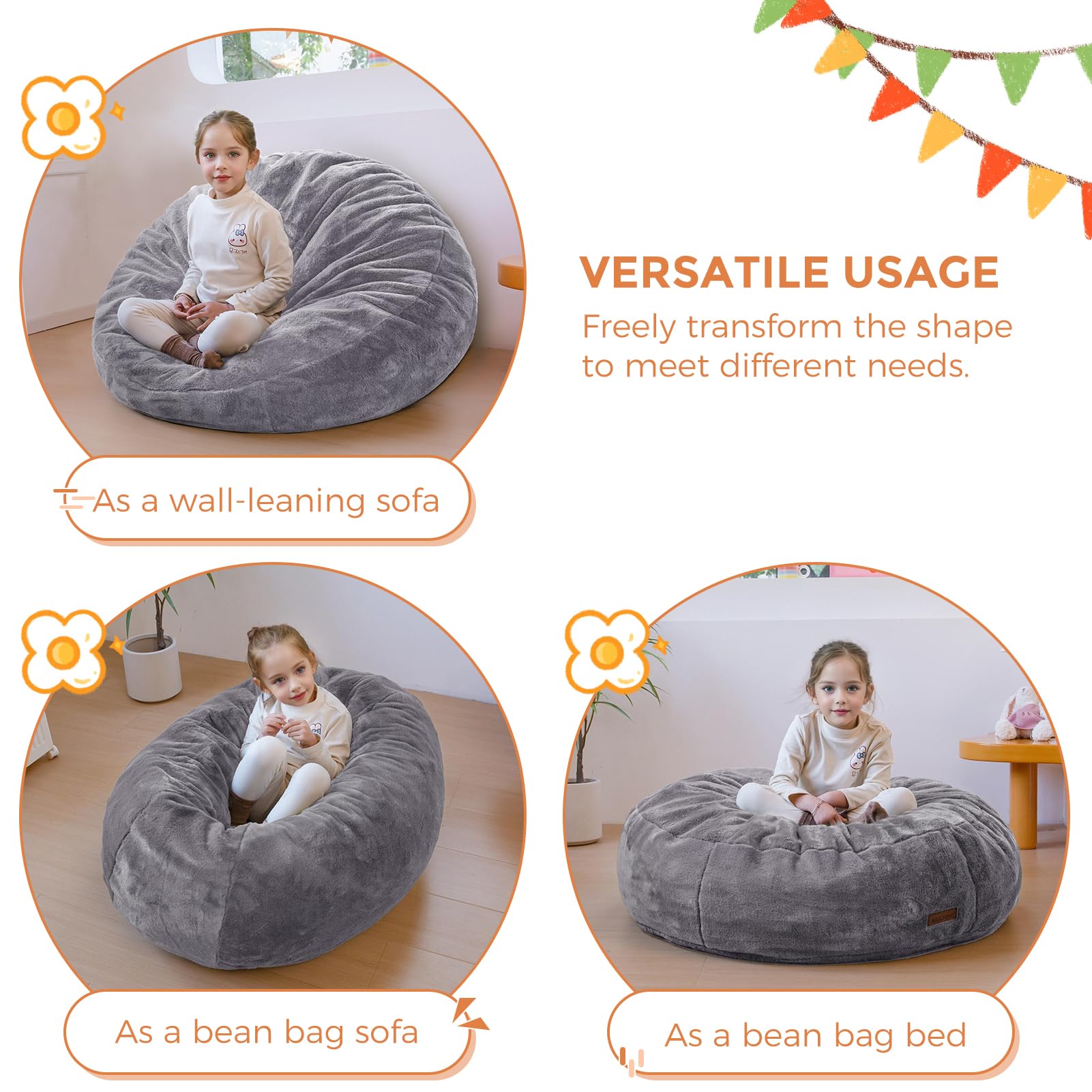 MAXYOYO 3-in-1 Kids Bean Bag Chair Bed - Convertible Faux Fur Round Floor Sofa for Children's Room, Gaming & Reading Nook - Dark Grey - Perfect for Playrooms, Bedrooms & Cozy Corners