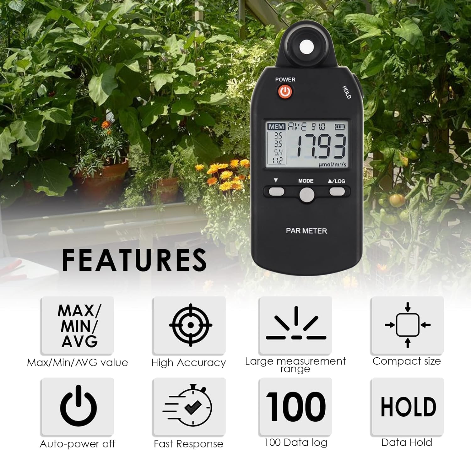 High Precision Quantum PAR Meter for LED Grow Lights - Full Spectrum PPFD Sensor (400-700nm) | Light Meter for Plants, Greenhouse & Indoor Farming | Perfect for Hydroponics, Horticulture & Cannabis Cultivation